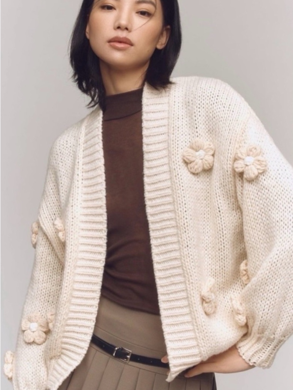 Maeve by Anthropologie Cream Floral-Appliqué Knit Cardigan Sweater - Women